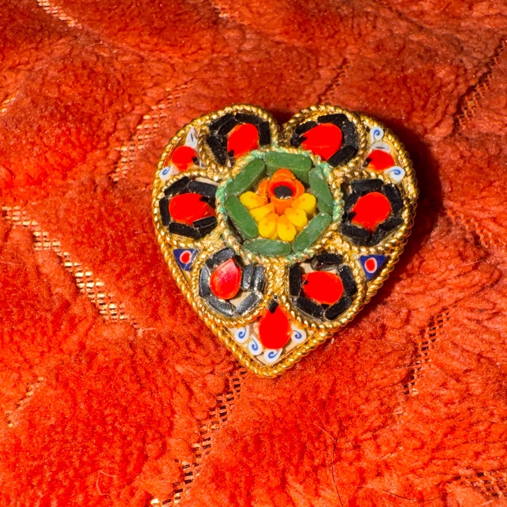 Vintage Italian Micro-Mosaic Heart Brooch Pin -Delicate Floral Design,Gold-Tone